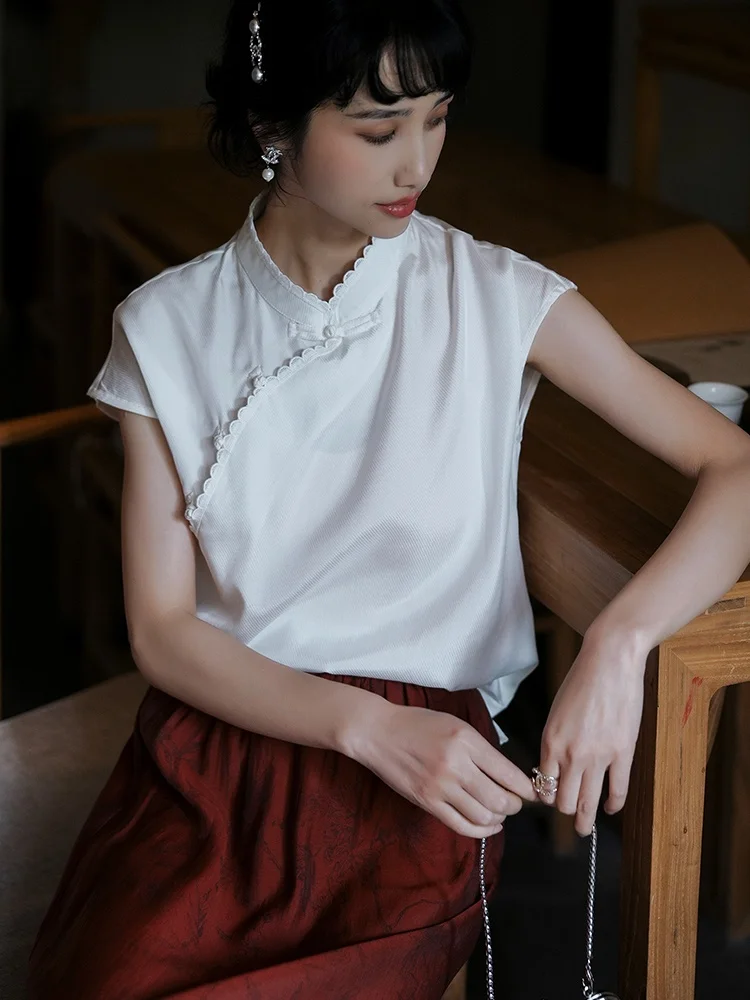 

Jiangnan Style Improved White Short Sleeve Top 2024 Summer Elegantly Versatile Chinese Tea Costume Small Shirt