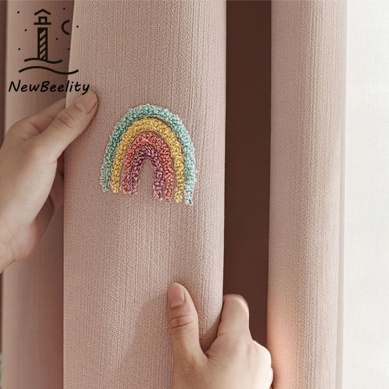 Colorful Rainbow Chenille Children's Room Curtains with Cute Cartoon Embroidery Curtains for Living Dining Room Bedroom Drapes