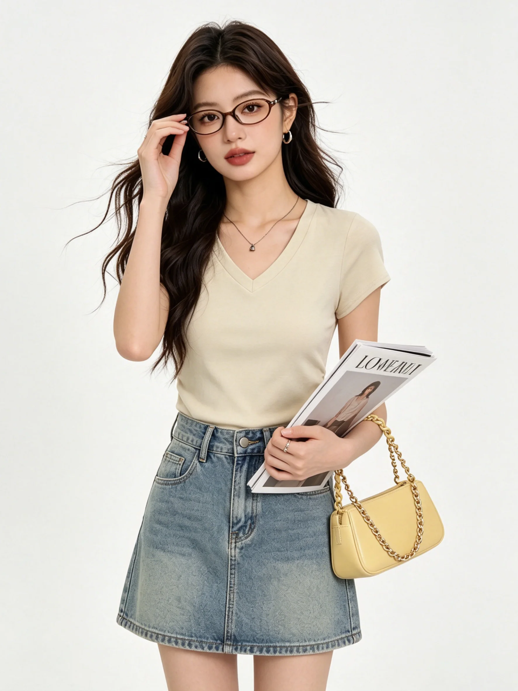 Skin-friendly Breathable Casual Simple White Short T-shirt Summer Design Sense Pleated Waist Slimming Short Sleeve Women