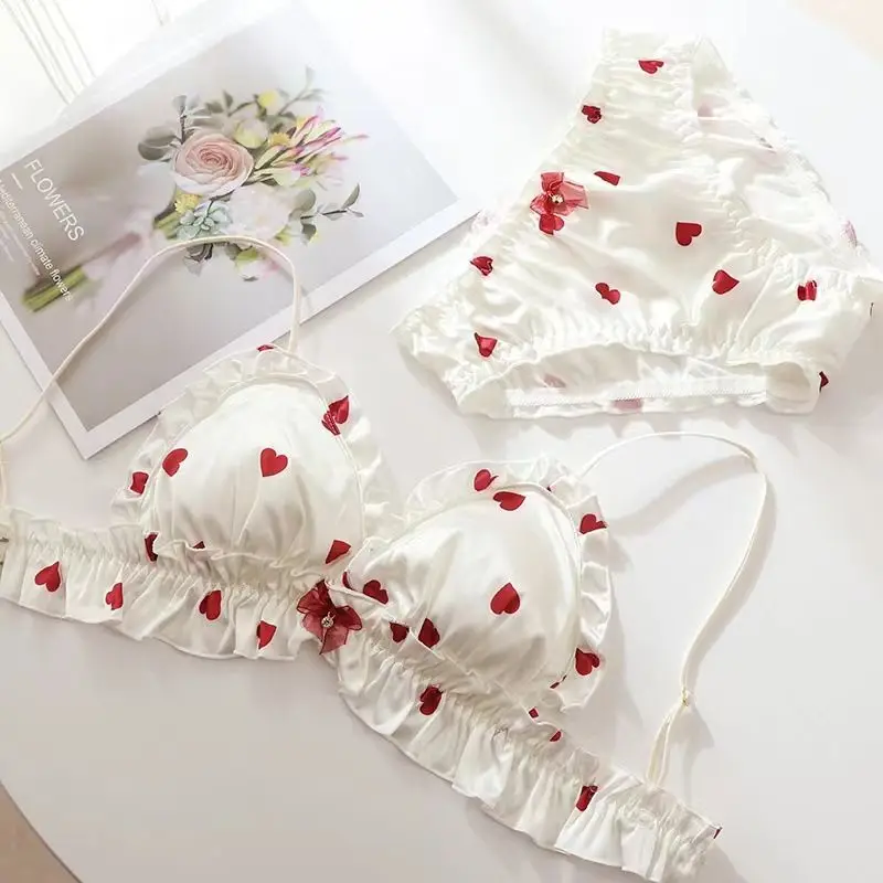 Japanese Sweet Style Kawaii Wireless Bra and Panties Cute Ruffle Underwear Lolita Student Lingerie Lace Bralette Sexy Bra Set