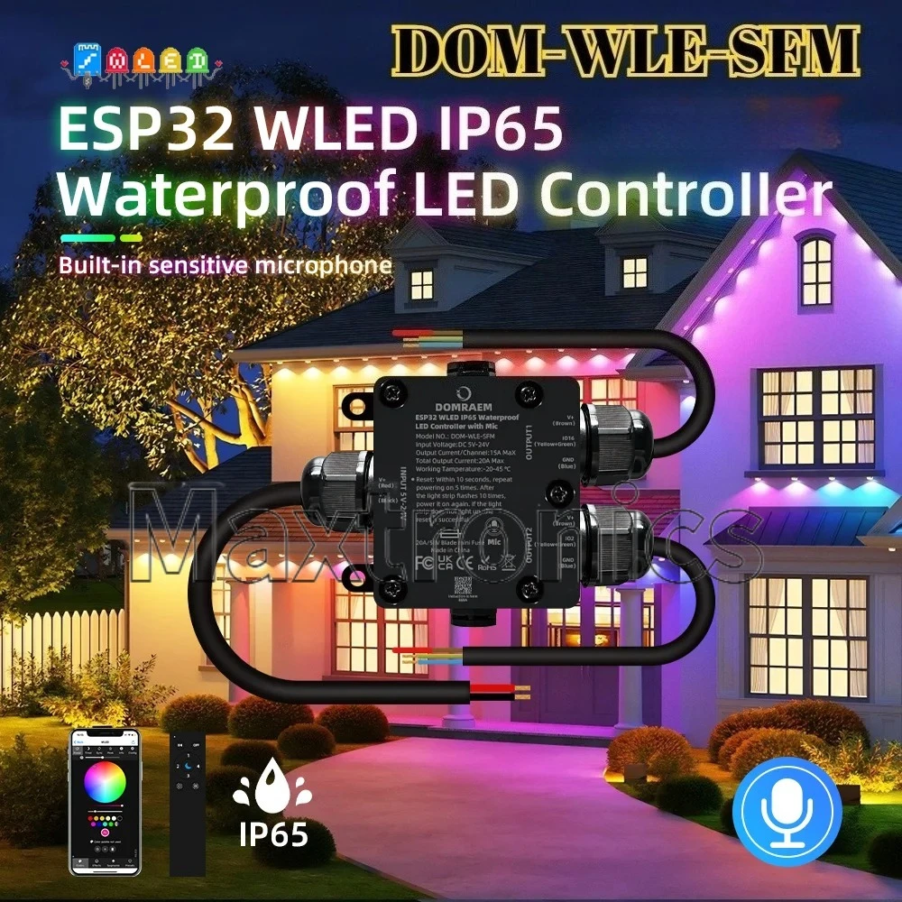 DOMRAEM 1/2CH ESP32 WLED LED Controller IP65 Waterproof 15/20A Fuse & Music Sync for WS2811 Ws2812 SK6812 APA102 LED Strip Light