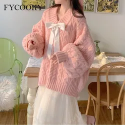 Women Knit Pullover Loose V-neck Long Sleeve Bow Preppy Style Sweet Sweater Girls Korean Casual Autumn and Winter Female