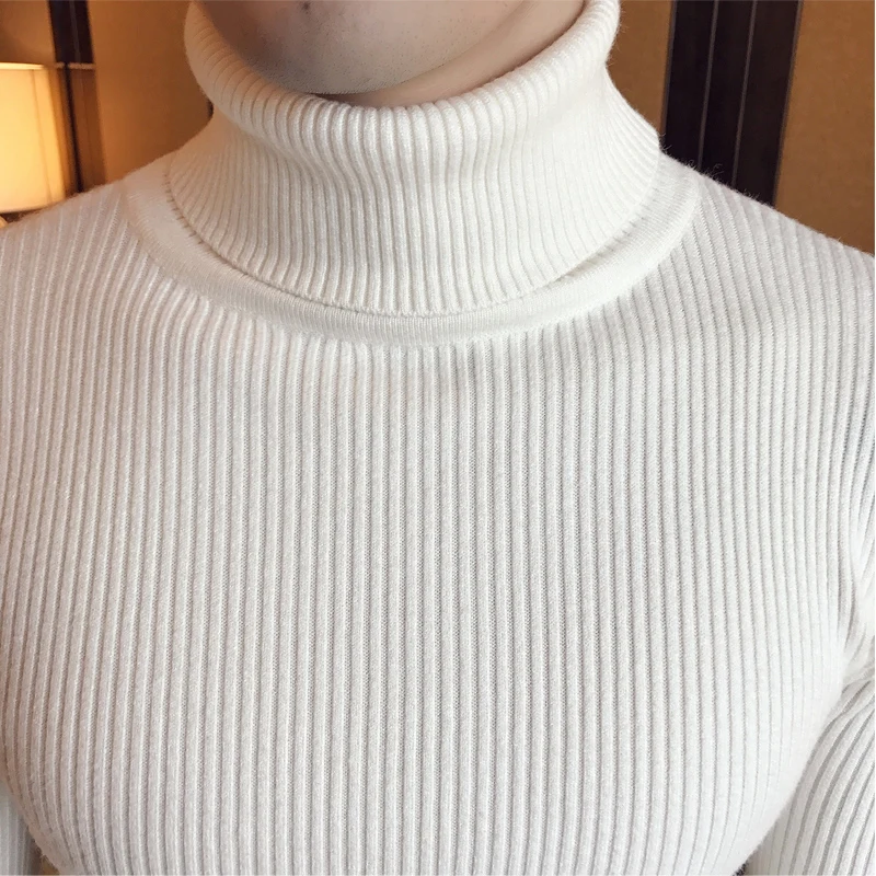 2022 Fall/Winter Men\'s Turtleneck Sweater Fashion Striped Solid Color Warm Knitted Sweater Men Double Collar Slim Fit Sweaters