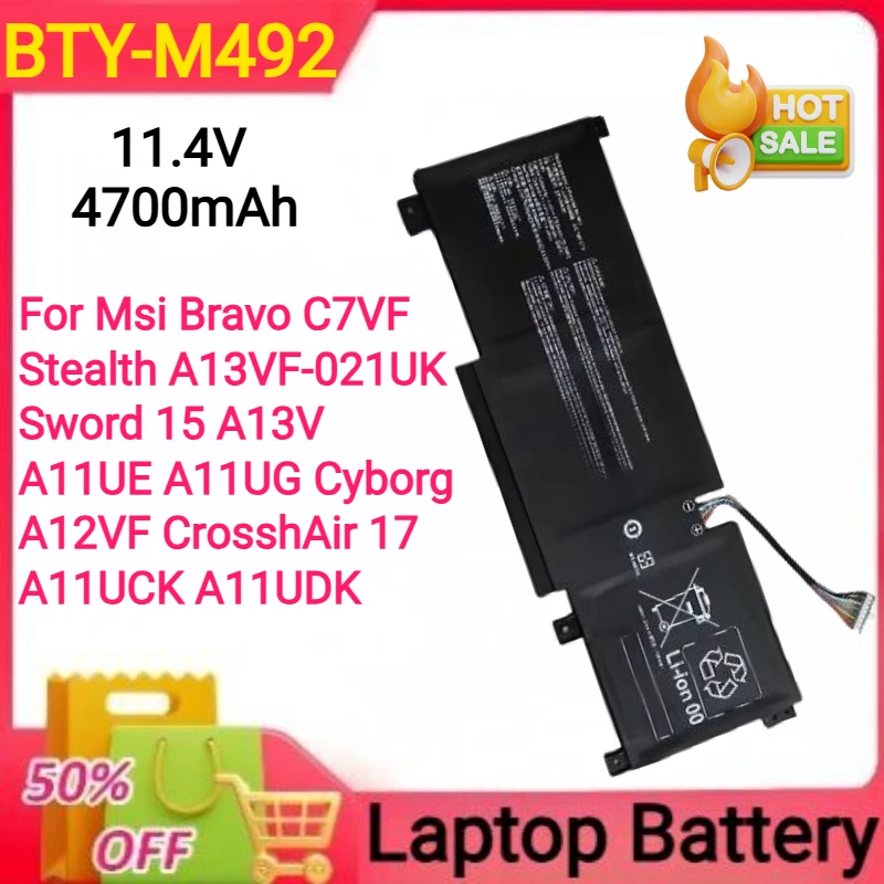 

11.4V 4700mAh BTY-M492 for Msi Bravo C7VF Stealth A13VF-021UK Sword 15 A13V A11UE A11UG Cyborg A12VF CrosshAir 17 A11UCK A11UDK