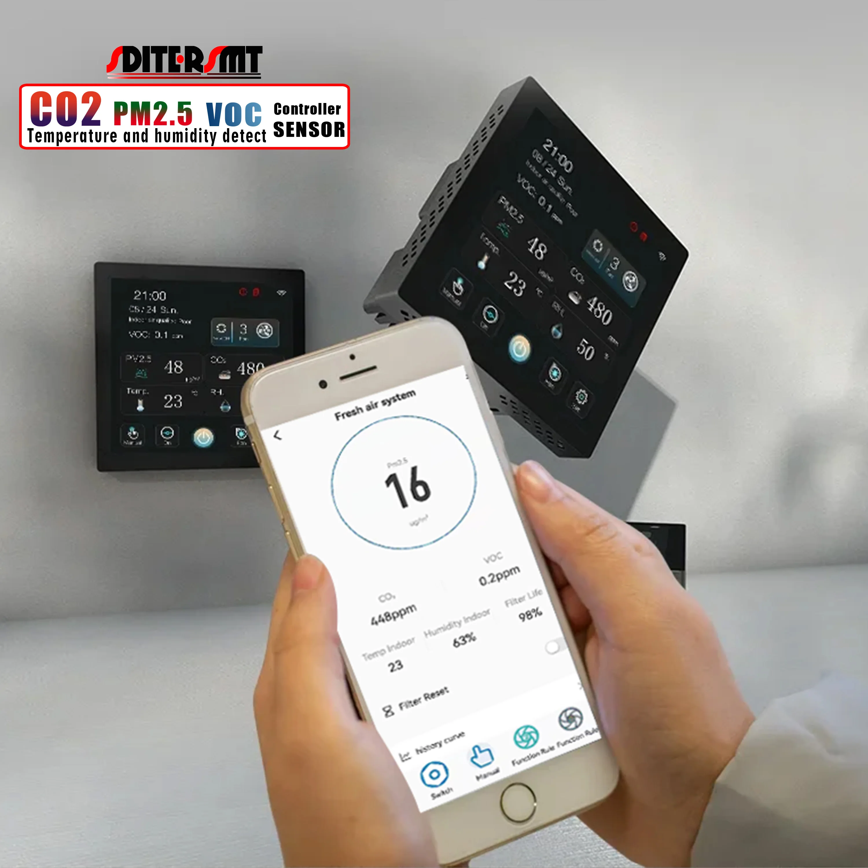 WIFI RS485 Умный контроллер датчика качества воздуха для VOC CO2 PM2.5 EC/AC ВЕНТИЛЯТОР Регулирующий комнатный мониторинг температуры свежего воздуха и влажности