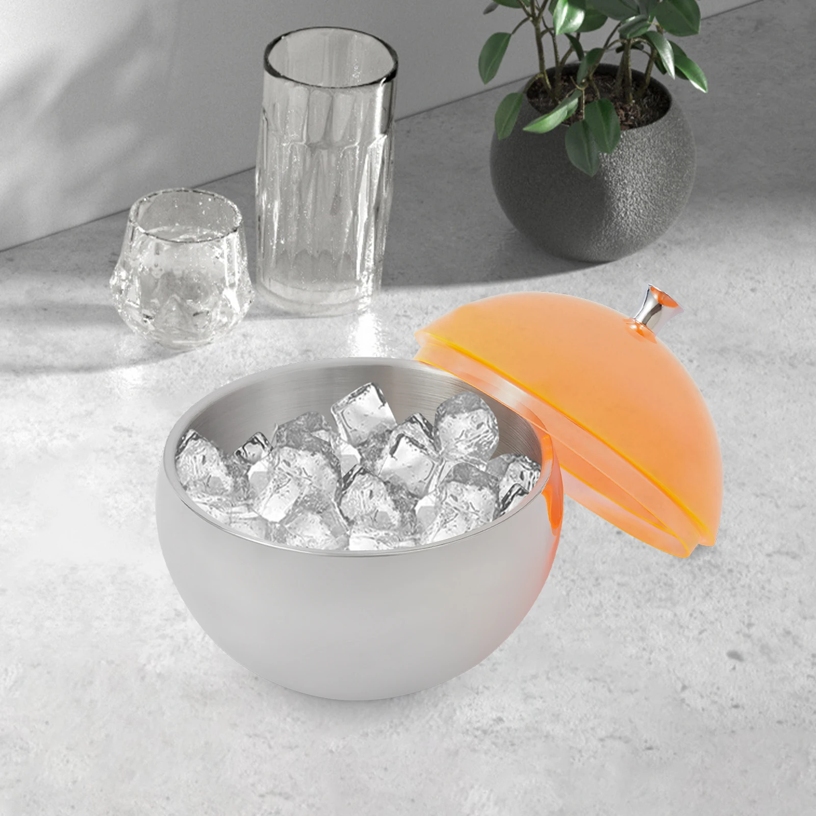 Stainless steel spherical ice bowl with orange lid