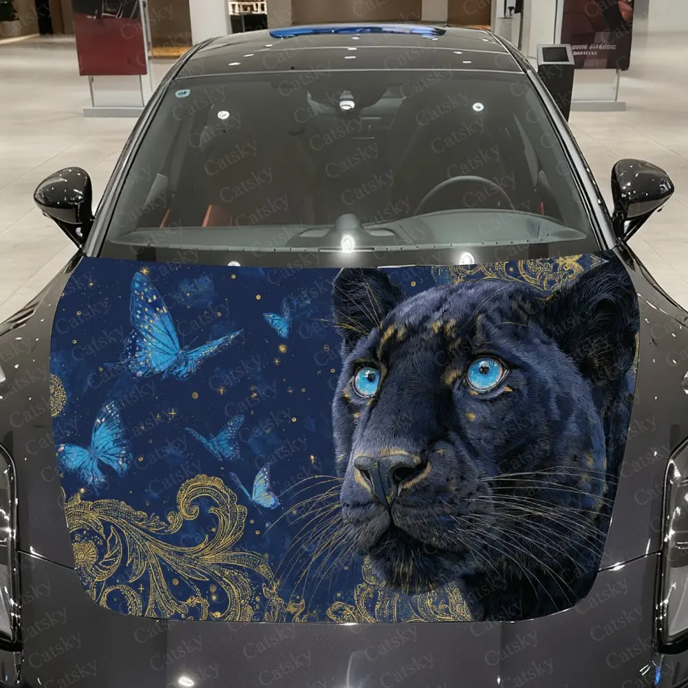 黒豹と青い蝶のカービニールラップ、pvc防水カーフードステッカー、自己粘着性傷防止ステッカー
