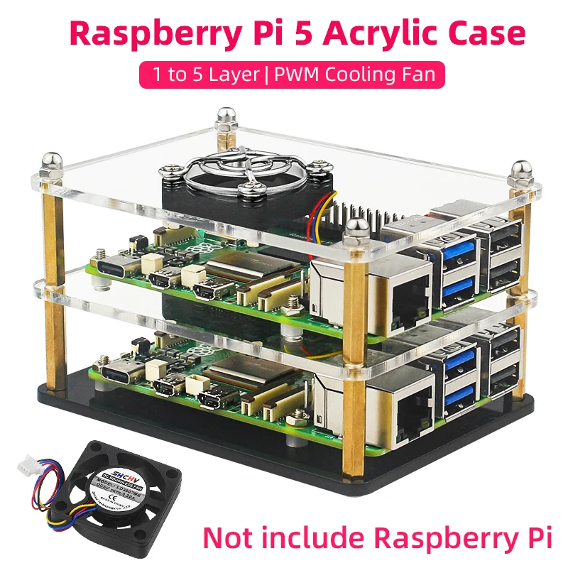 Raspberry Pi 5 Acrylic Case Transparent Shell with PWN Cooling Fan Stackable Plate Case for RPI 5 Pi5 Cluster DIY Electronic