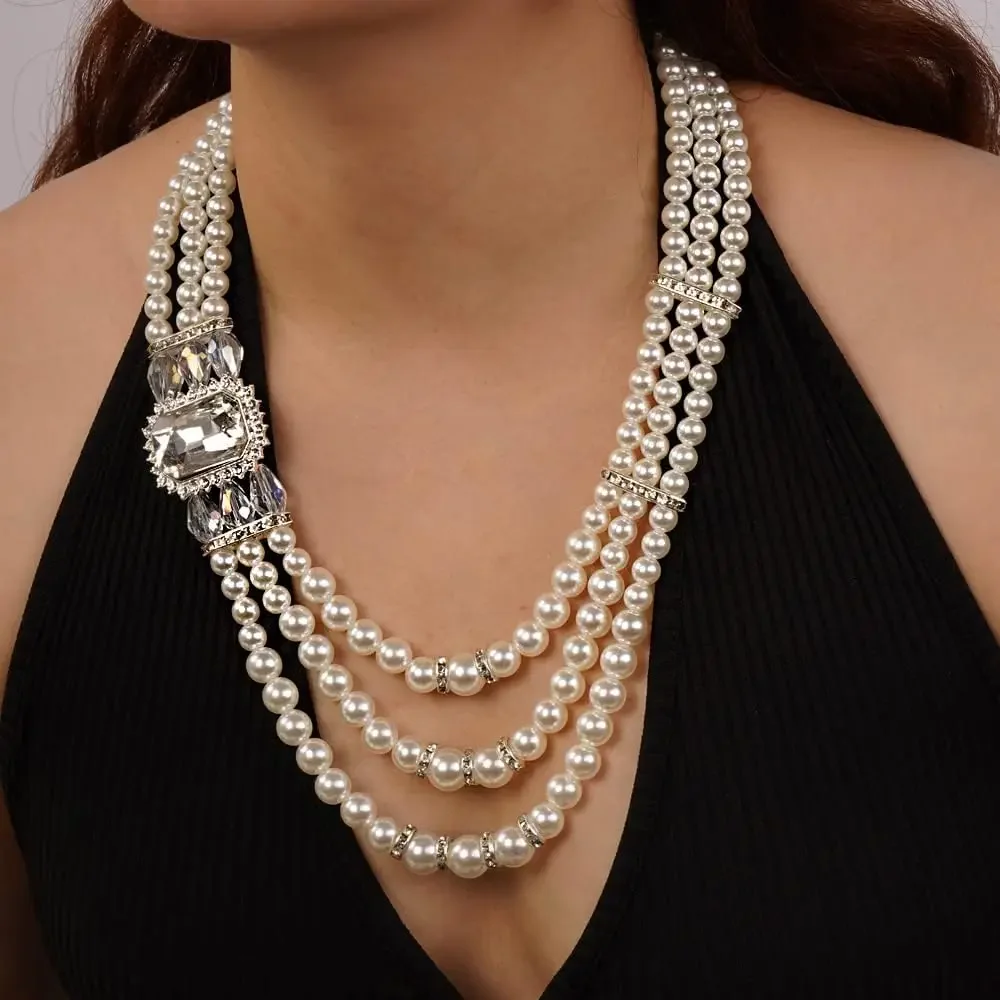 3-layered White Faux Pearl Necklace and Earrings Set with Crystal  Rhinestone Bridal Long   Jewelry