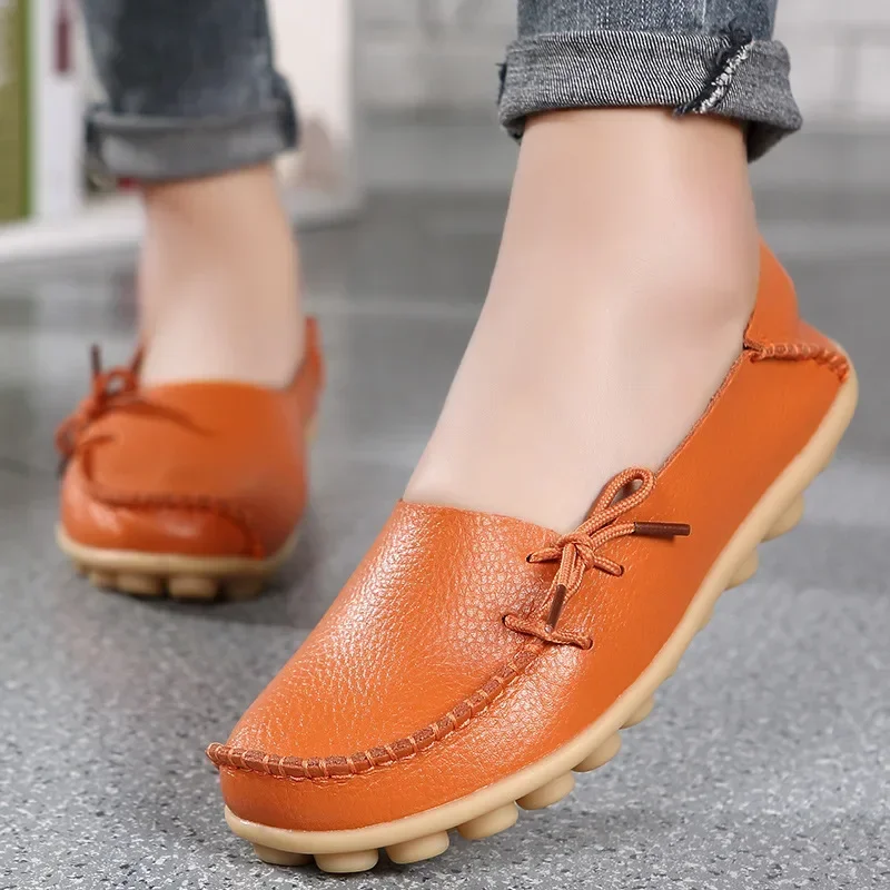 New Moccasins Women Flats Autumn Woman Loafers Genuine Leather Female Shoes Slip On Ballet Bowtie Women's Shoes Big Size 44