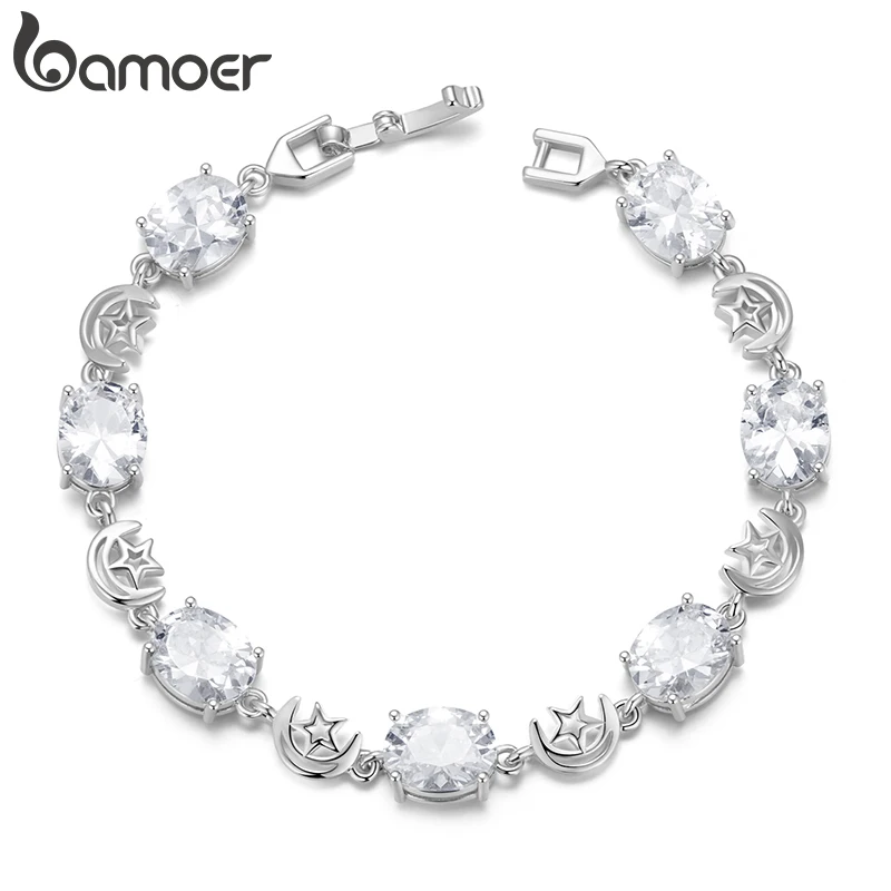 BAMOER White Gold Plated Sparkling Cubic Zirconia Classic Star and Moon Bracelet, Gold Bracelets for Women Fashion Jewelry