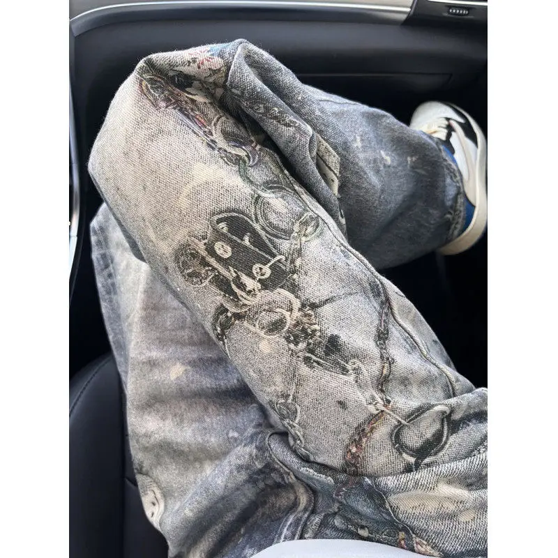 Calça Jeans Baggy Masculina com Estampa 3D em Tinta de Lama, Estilo Retrô Americano, Calça Flare, Jovem e Moderna, em Aodão...