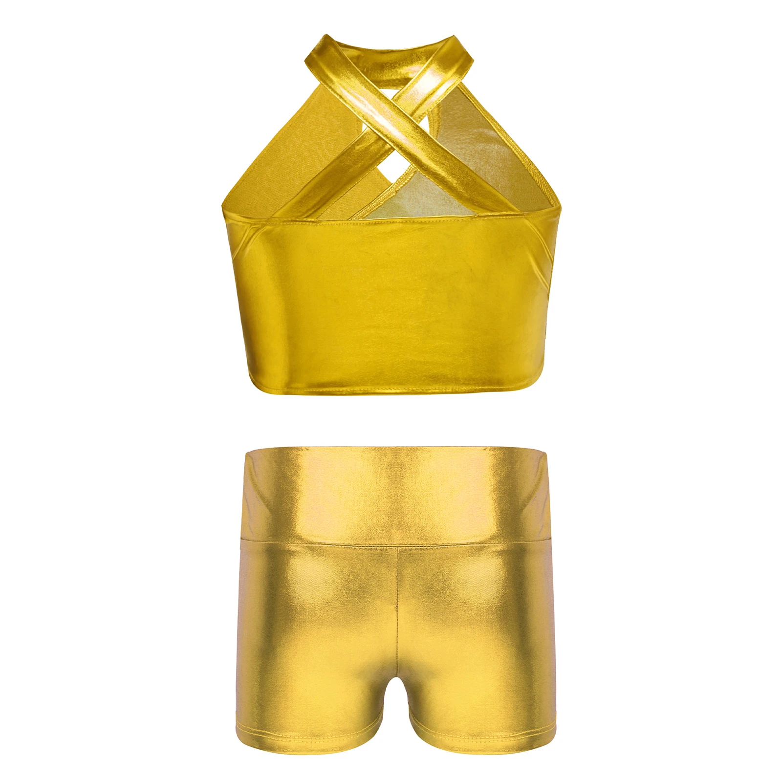 Kids Girls Metallic Jazz Dance Outfit Hip Hop Costume Cross Keyhole Sparkly Sequins Crop Top with High Waist Shorts Dancewear