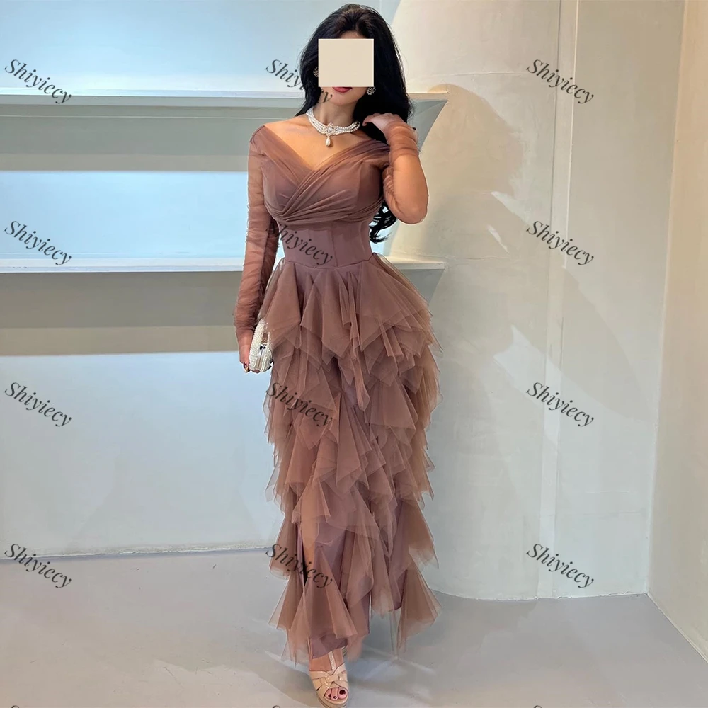 Elegant Tulle V-neck Evening Dress Saudi Arabia Long Sleeves Tiered Ankle Length Party Prom Gowns Side Split Vestido De Festa