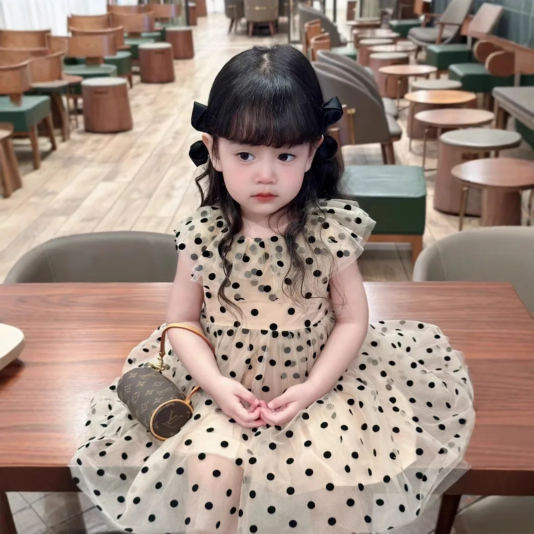 

Girls Summer Sweet Flocking Polka Dot Lotus Leaf Collar Dress Puff Dress Princess Fashion Casual Baby