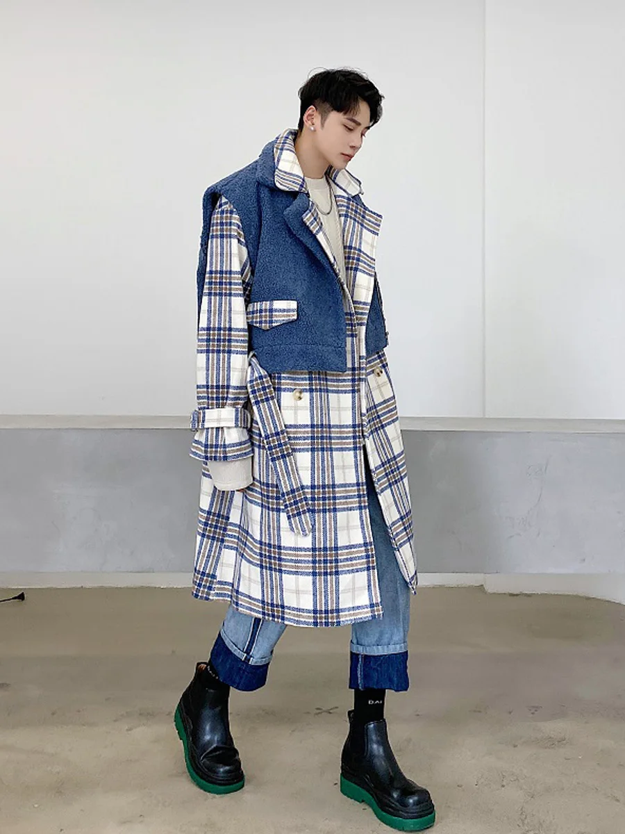 

2023 Winter Warm Wool Blends Plaid Jackets Plain Trench Open Front Streetwear Fashion Coat for Men Long Overcoat Top Quality H48