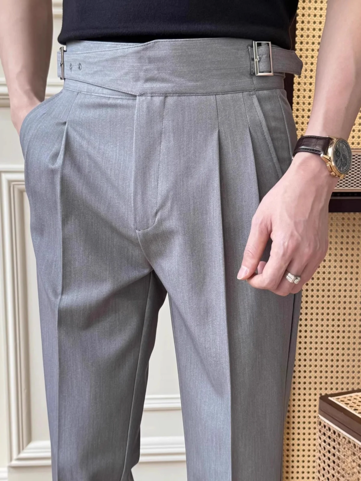 

Новые весенне-осенние брюки прямого кроя в парижском стиле с пуговицами, повседневные деловые брюки для мужчин, модные длинные брюки