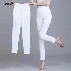 Black White Color High Strecth Spring Summer Pencil Pants Pocket Decoration Elastic Waist Plus Size Three Quarter Casual Pants