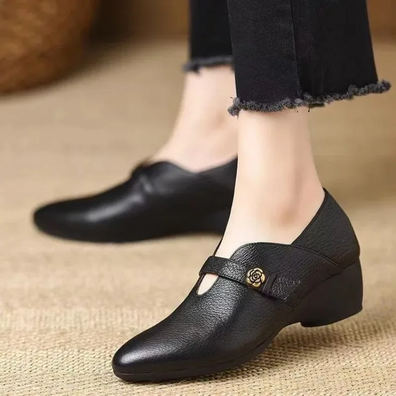 

Women Shoes Fashion Pointed Soft Leather Shoe 5cm Height Increasing Single Shoe Non Slip Women Wedges Heeled Shoes Zapatos Mujer