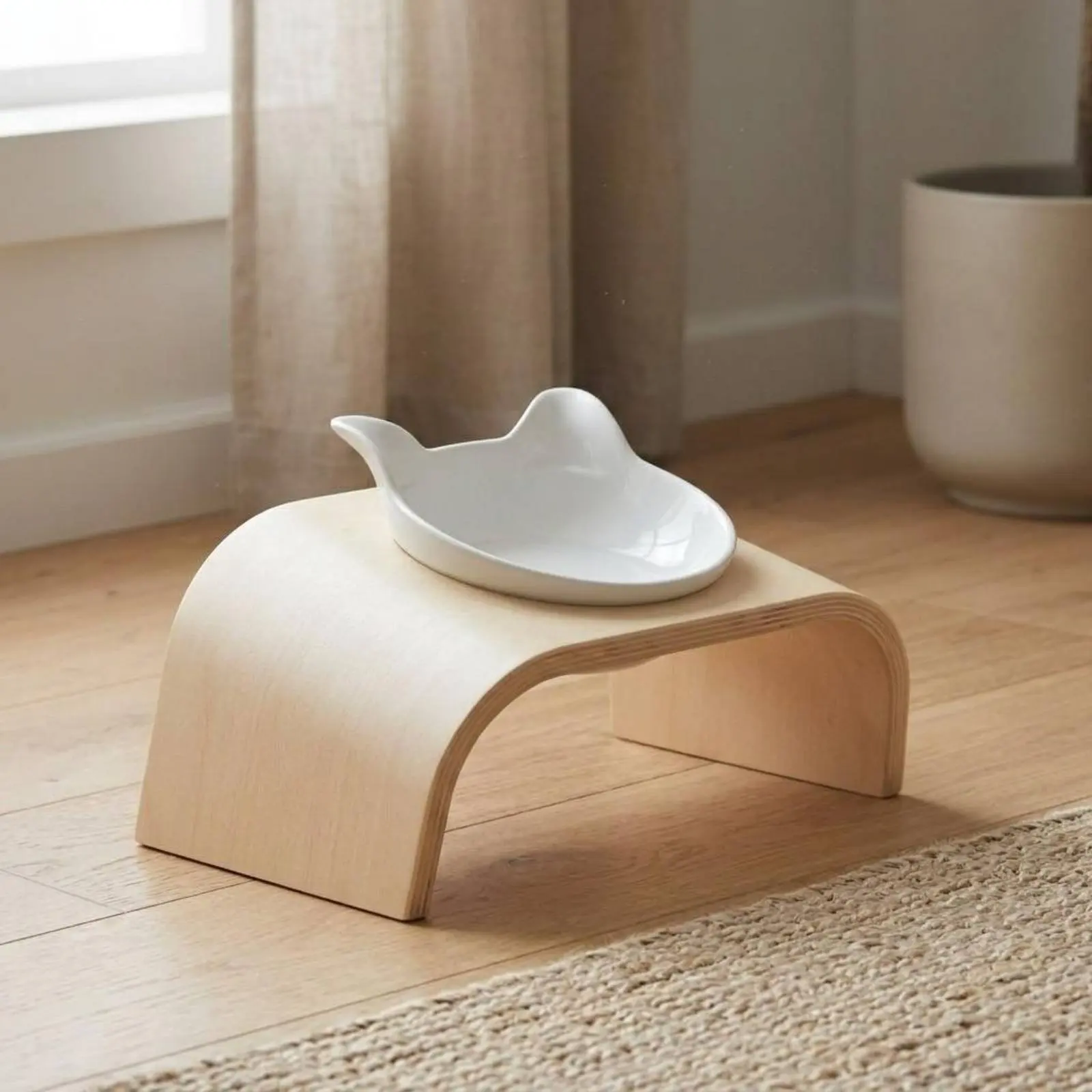

Tilted Wooden Pet Feeder Neck-Friendly Double Ceramic Feline Bowl Stand Tilted Pet Bowl Stand Modern Minimalist Design for Home