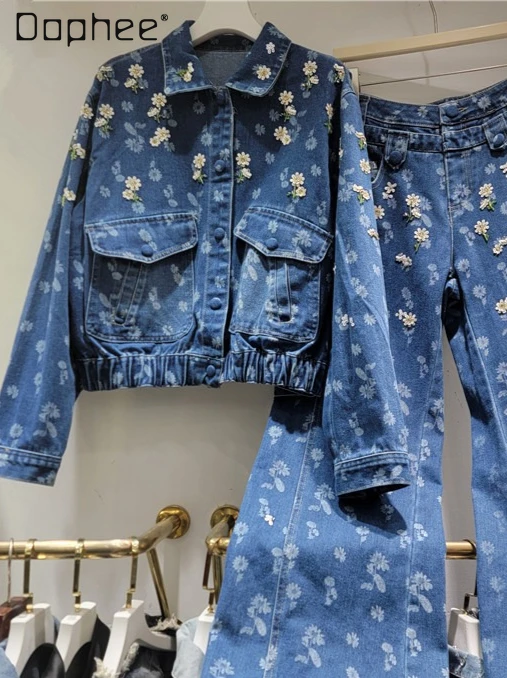 

Women's Autumn New Denim Set Women Fashion Heavy Beading Rhinestone Flower Embroidery Jacket Wide-Leg Pants Casual Two-Piece Set