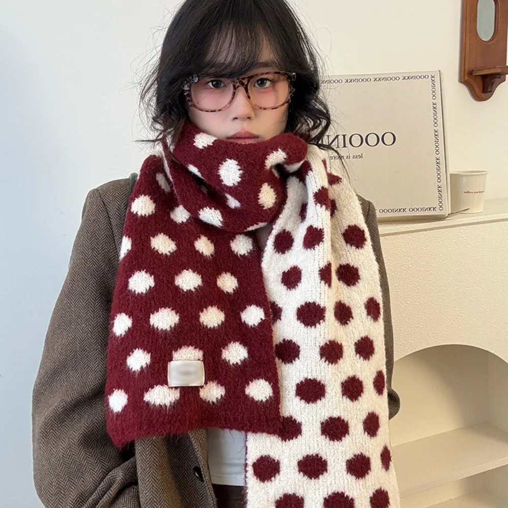 Korean Style Polka Dot Knitted Scarf for Women Soft Wool Blend Warm Neck Wrap Fall Harajuku Winter Fashion Casual Decoration