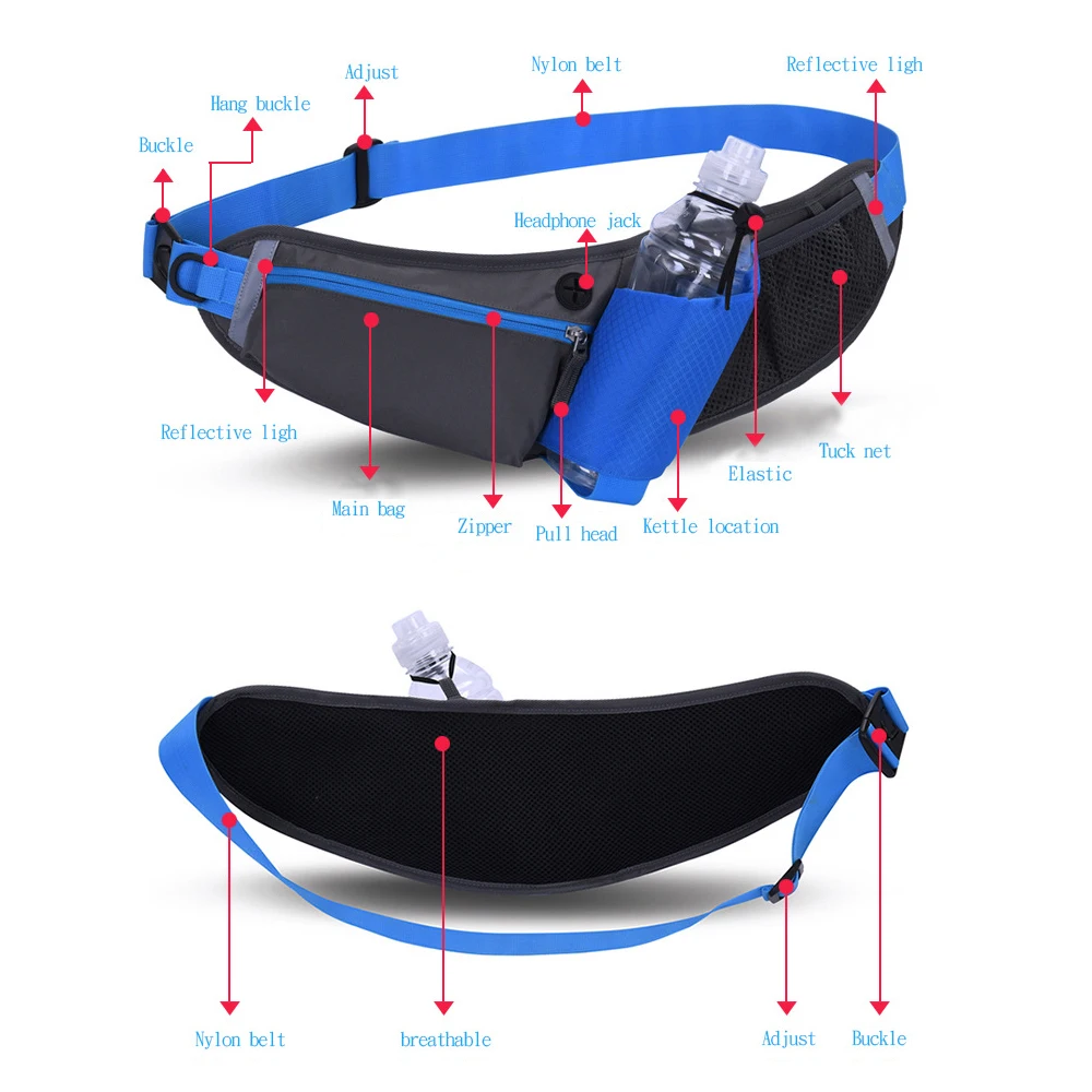 Waterproof Running Waist Bag Cycling Bumbags with Water Bottle Holder & Reflective Strips, Walking Climbing Hiking Outdoor Sport