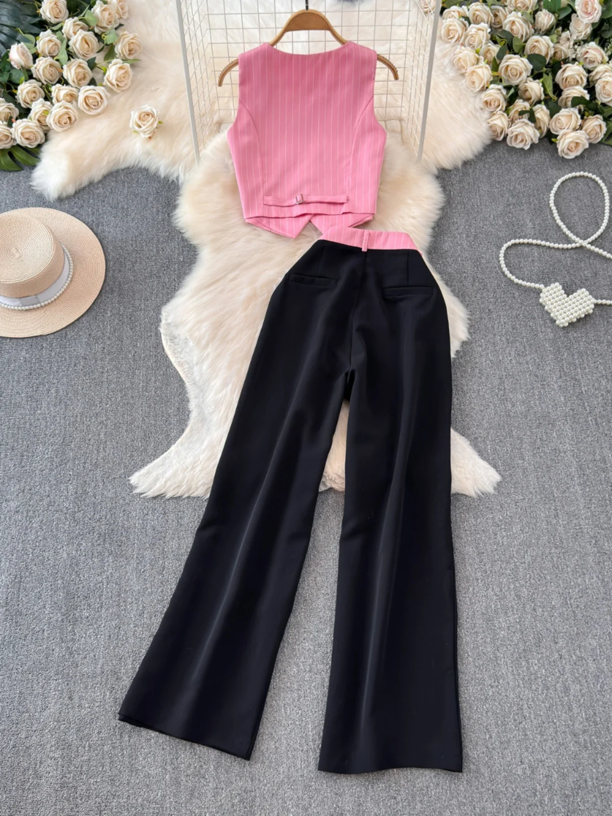 Ele Women's Suit Set V-Ne Svel Tank Top High Waist Draped Wide Leg Long Pants Two-Piece Summer Faion Ensemble