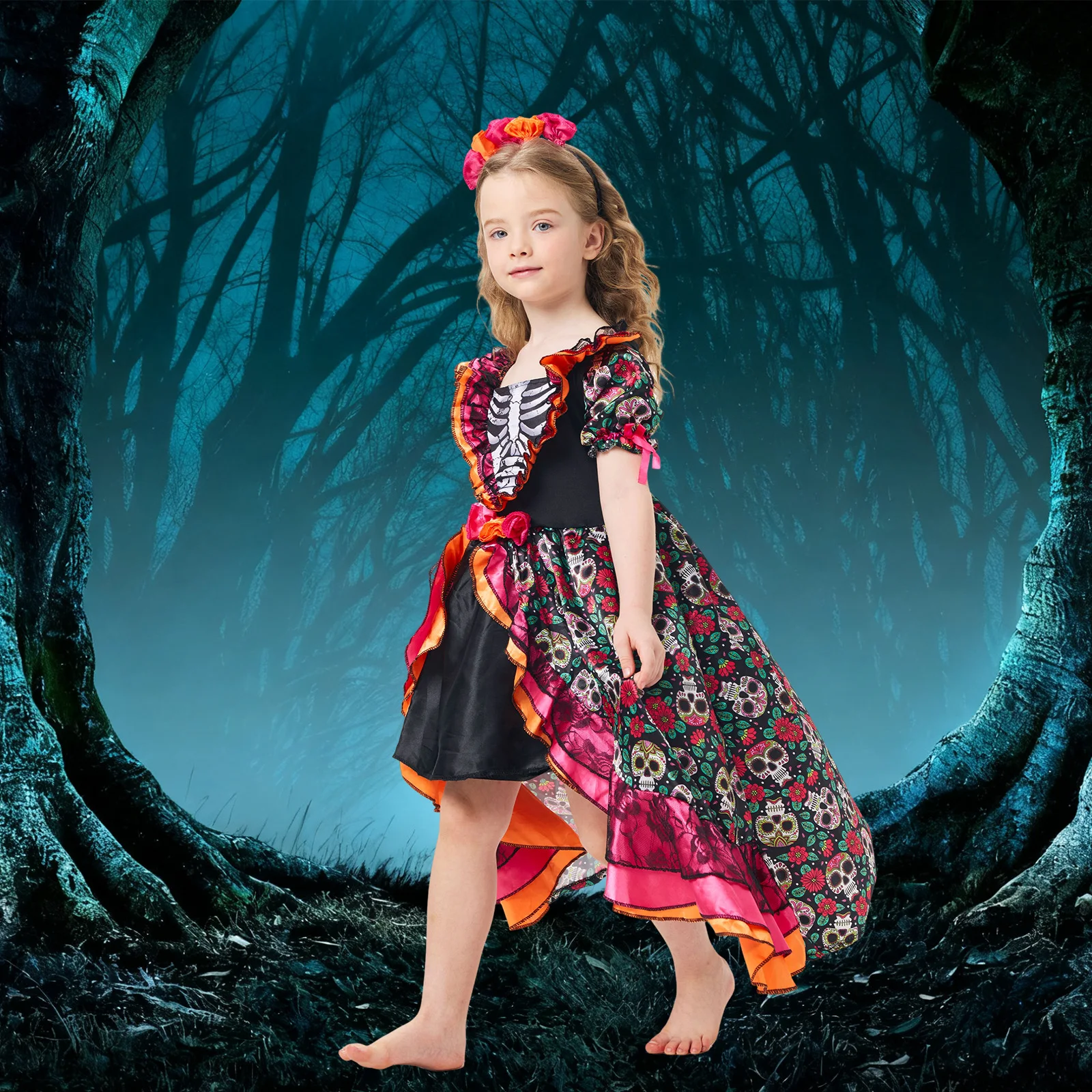 Day Of The Dead Costume Girls Day Of The Dead Dress with Flower Headpiece Halloween Skull Outfit