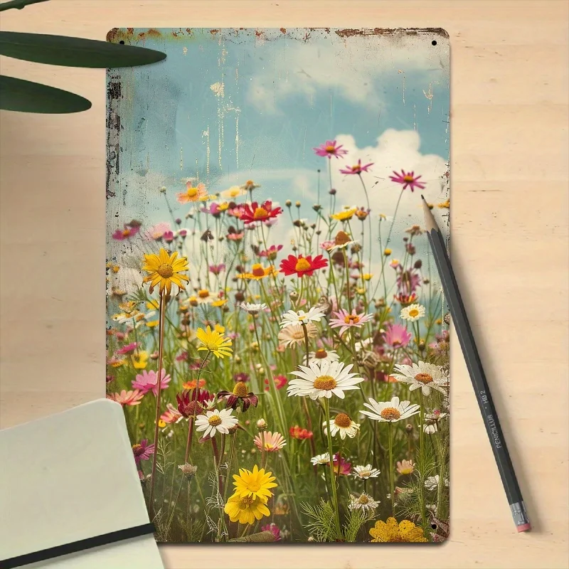 Placa de hierro con flor de primavera retro 2D, 8x12 pulgadas, mural 2D de estilo rústico, decoración del hogar y el jardín