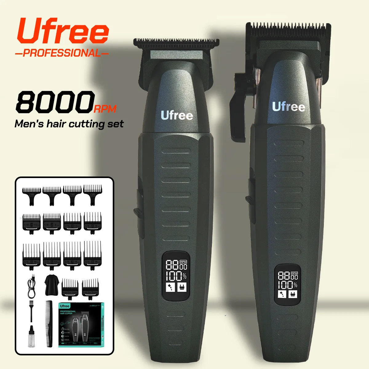 

Профессиональная машинка для стрижки волос, электрическая, новинка, 2 шт., парикмахерская, 8000 об/мин, 7500 об/мин, триммер со светодиодным дисплеем, машина для отделки волос, лезвие DLC