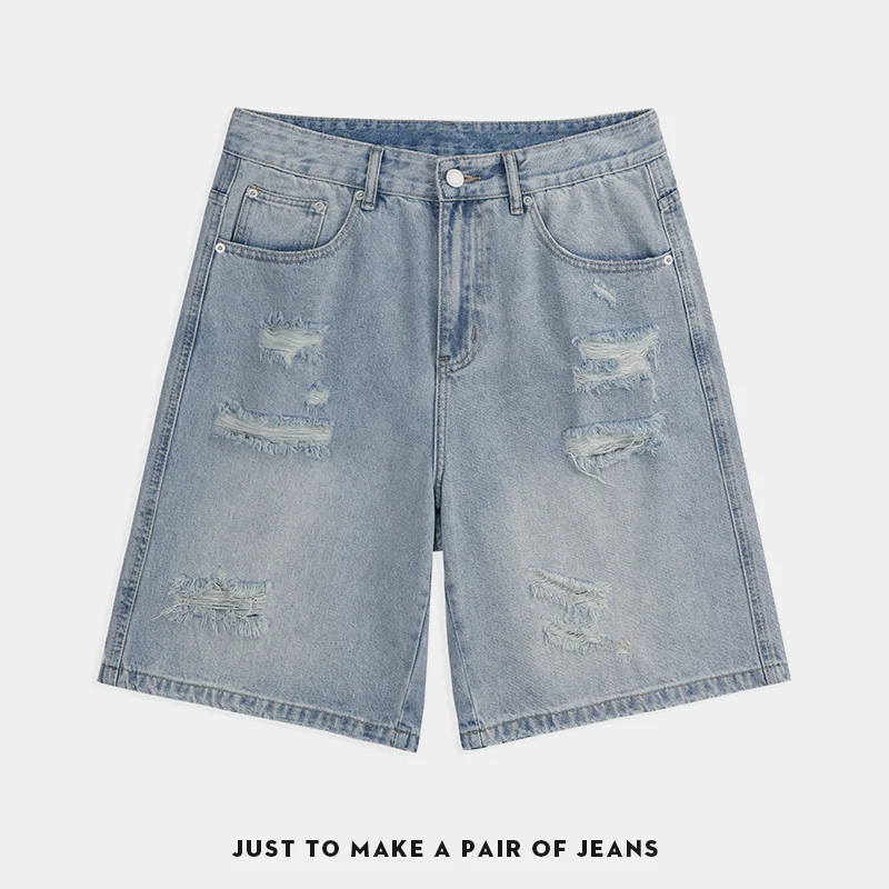 

light-colored ripped denim shorts for men trendy American loose five-inch pants 2025 summer new men's mid-length pants