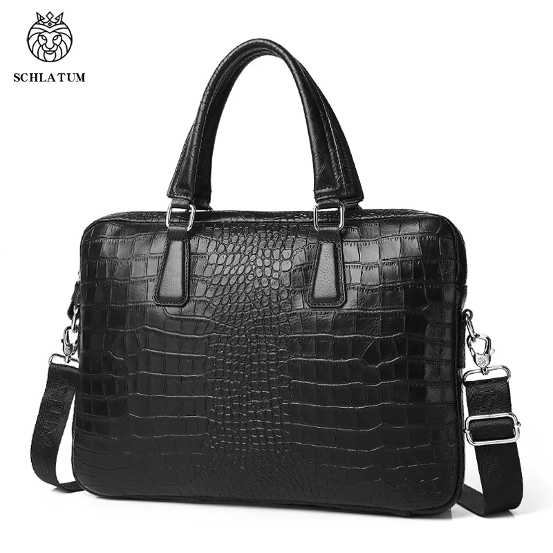 

SCHLATUM Men Genuine Leather Briefcase Crocodile Grain Office Business Computer Bag Fashion Cowhide Laptop Minimalist Handbag