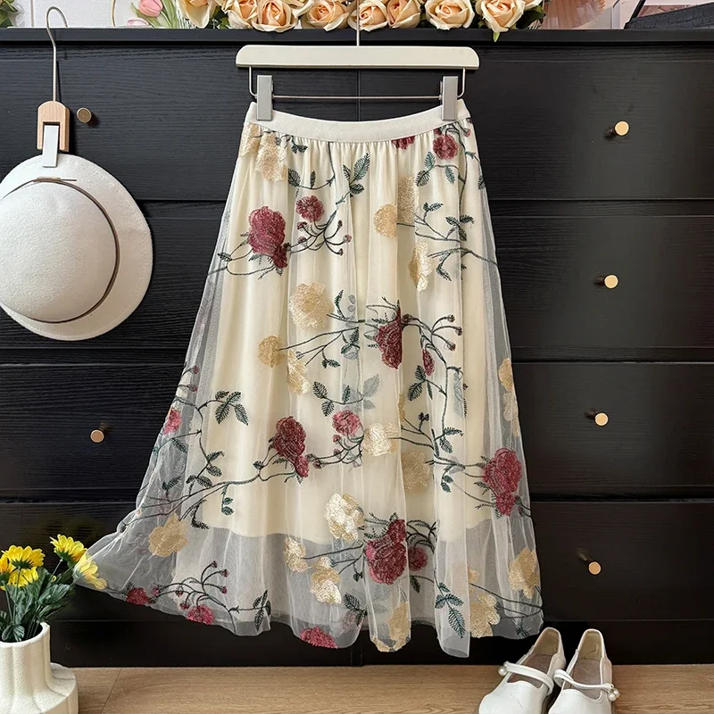 Kimotimo Vintage Embroidery Flower Mesh Patchwork Skirt Women 2025 Spring High Waist Pleated Big Swing Midi Skirts Fashion Skort