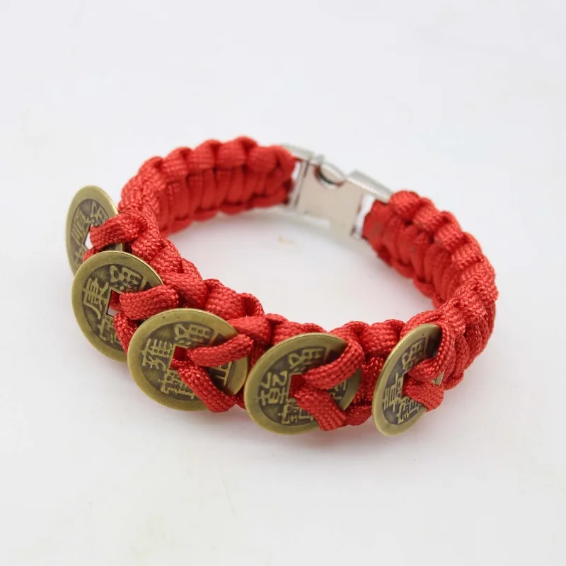 

Медный браслет с пятью императорскими монетами, 7-жильный браслет с пятью императорами из паракорда, ручная веревка из паракорда, красная веревка с годом зодиака