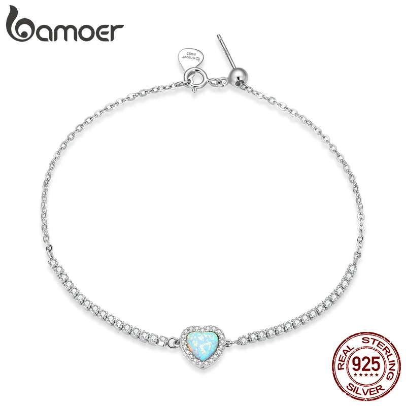 BAMOER Authentic 925 Sterling Silver Opal Heart-Shaped Pendant Bracelet Fit Women Sterling Silver Jewelry Gift