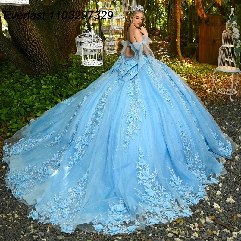 EVLAST Customized Blue Quinceanera Dress Ball Gown Lace Applique Beading Tie With Bow Corset Sweet 16 Vestidos De 15 Anos TQD749