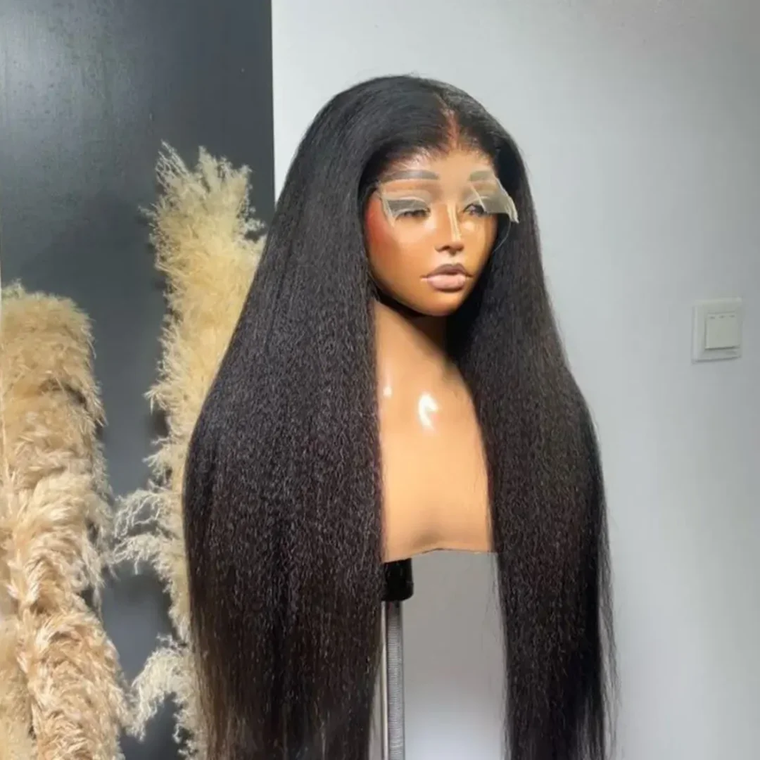 

Natural Black Kinky Straight Yaki 180%Density Long Soft 26 Inch Lace Front Wig Pre-plucked Glueless Wig For Women synthetic