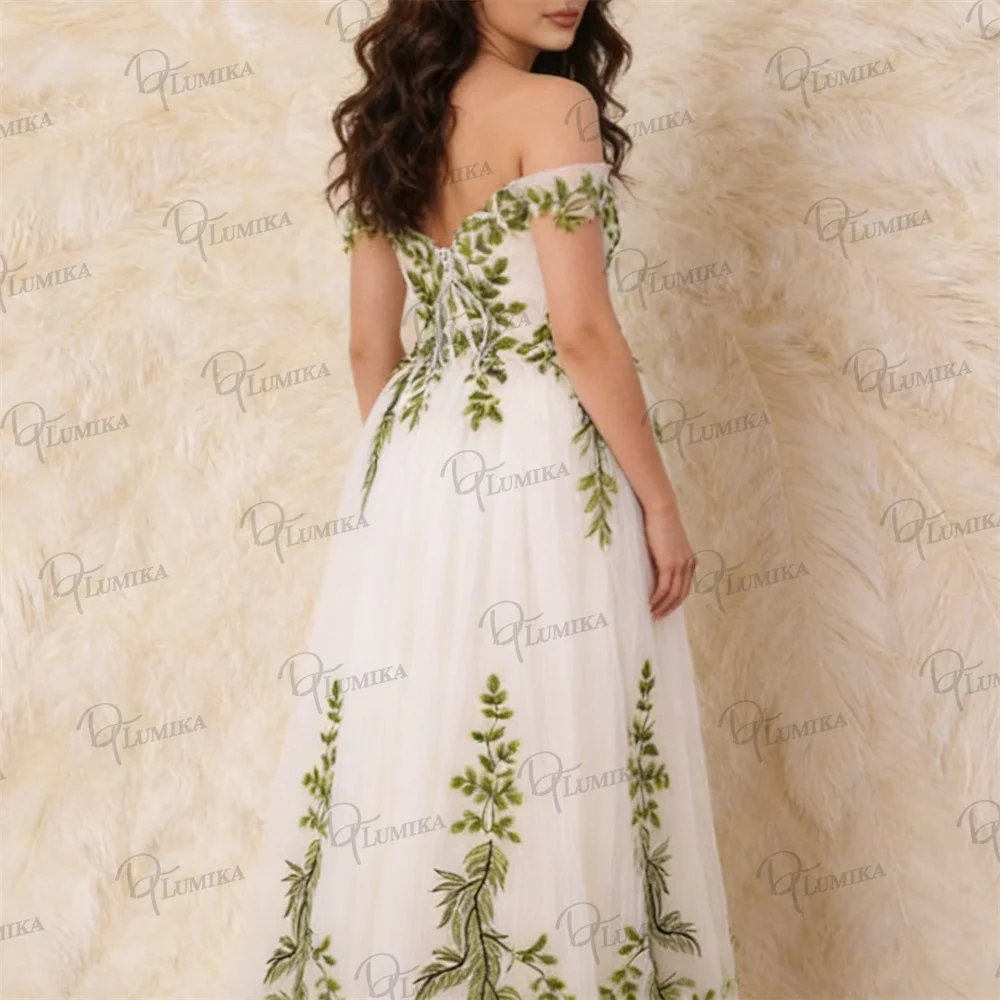 Off Shoulder Tulle Evening Gown Green Botanical Embroidery A-Line Dress for Art Gala Cocktail Party Engagement Dinner Refined