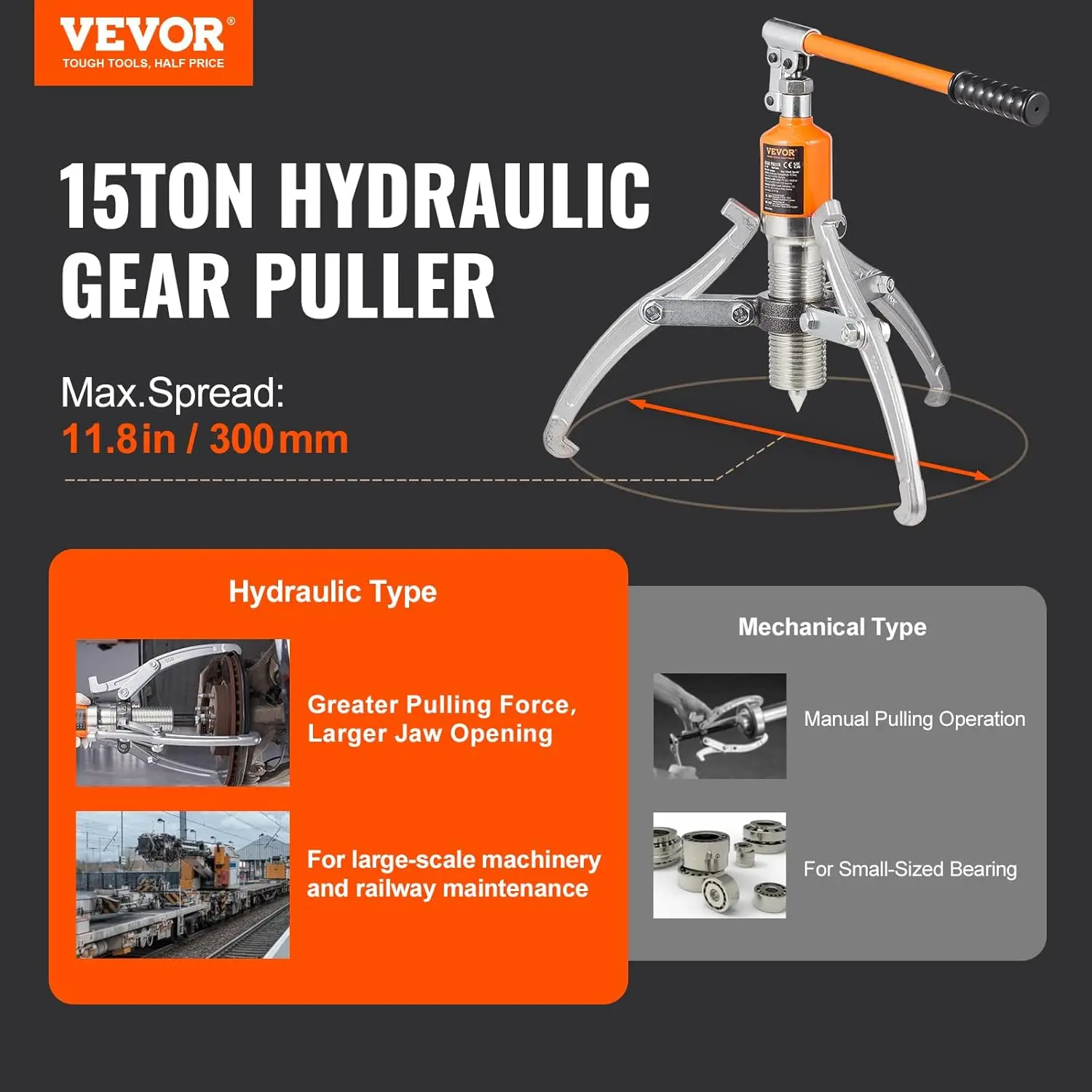 Hydraulic Gear Puller, 15 Ton Max Capacity Wheel Bearing Pulling Separator, 2 or 3 Jaws Puller, Vertically and Horizontally