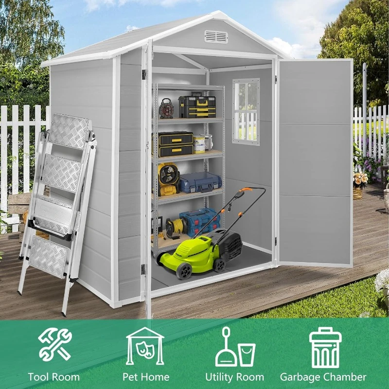 6x4.4FT Outdoor Resin Shed with Reinforced Floor, All-Weather Plastic Shed with Lockable Door, Window & Vents, Garden Tool Sheds