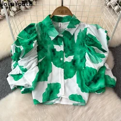 Crop Tops Blouses for Women Puff Sleeve Slim Fit Floral Shirts 2024 Blusas Mujer De Moda Tie-dye Vintage Summer Sweet Blouse