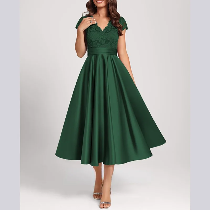 

V-necl Lace Formal Evening Dress 2024 New Spring Satin Prom Gown Ankle Length Slim Waist Sweet Birthday Party Dresses Vestidos