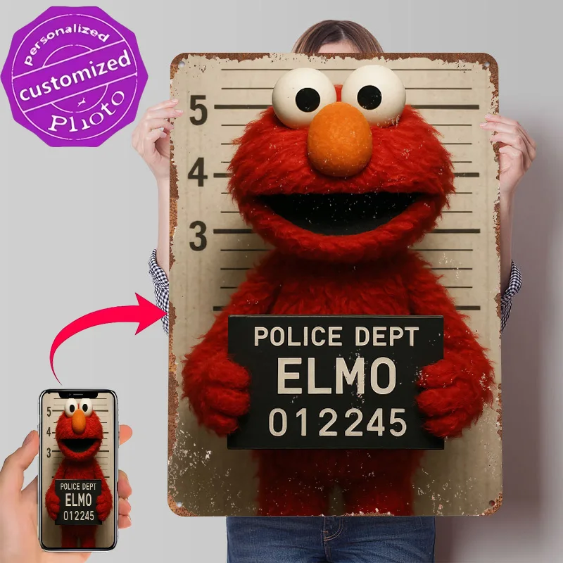 Elmo's Mugshot Tinplate Poster Customized Wall Art Retro Vintage Metal Signs for Fans Decor Room Decoration Gaming Custom Plate