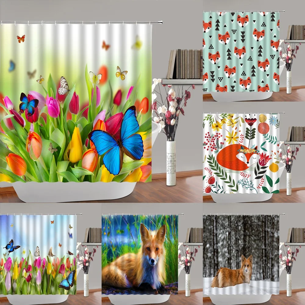 Flowers Butterfly Shower Curtain Colorful Tulip Country Floral Spring Animal Cartoon Fox Fabric Bathroom Curtains Bathtub Screen