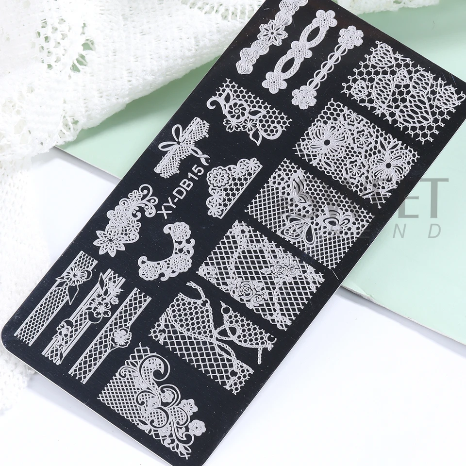 Placa de estampado para uñas de boda, patrón romántico elegante de encaje, flores, cintas y mariposas, molde de transferencia para manicura 6