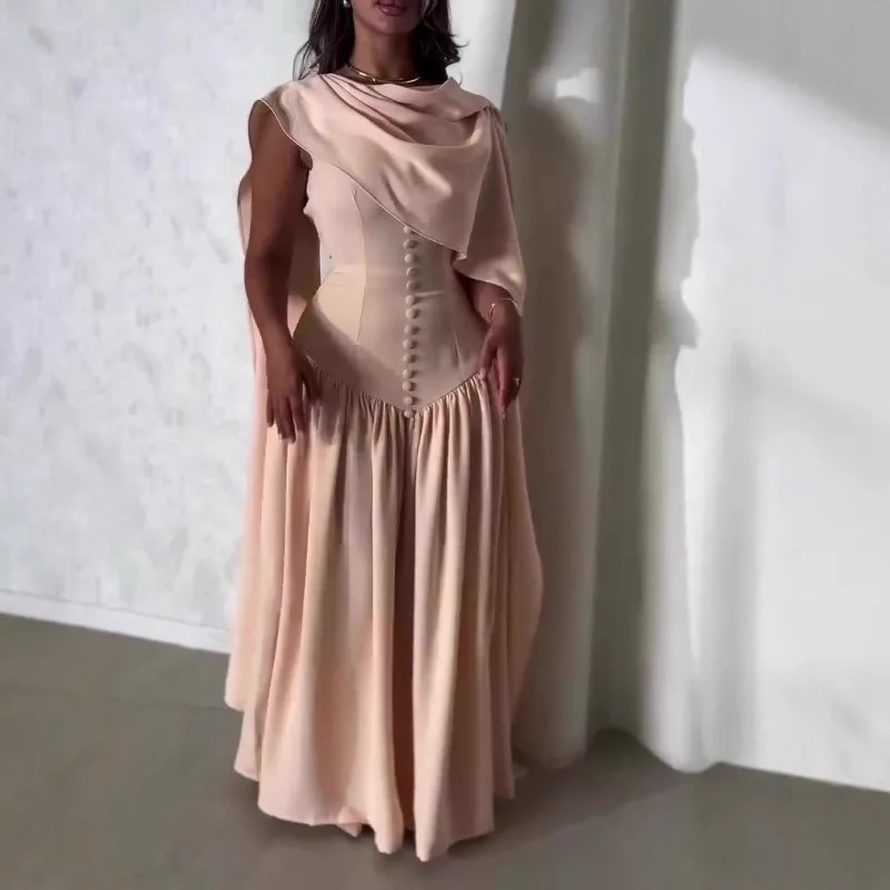 

Dress Summer New Elegant Lady Party Dress Chic Shawl Sleeve High Waist Pleated Dress Temperament Design Style Pure Color Evening