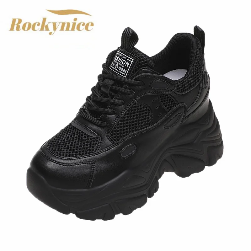 

Autumn Breathable Thick Bottom Casual Shoes New 2022 Women's Chunky Leather Sneakers 10CM High Platform Ulzzang Sports Dad Shoes