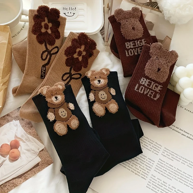 3 Pairs Women'S Autumn Winter 3D Lace Flower Cartoon Bear Mid-Calf Socks