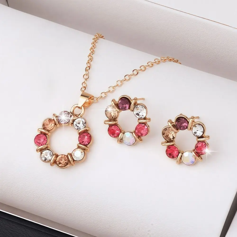 3pcs Gold Color Necklace Earrings Set Simple Style Glass Diamond Earring Jewelry Sets Circle Shape Design Exquisite Stained